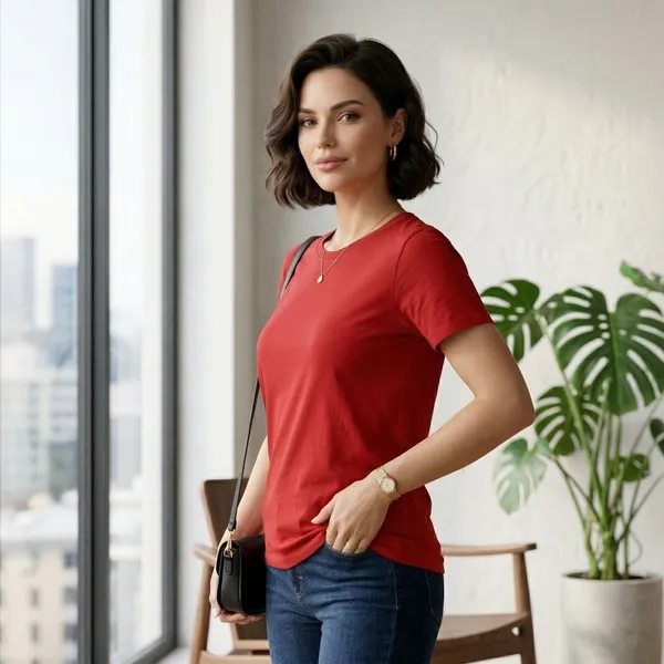 Shorttall_Plain_Round_Neck_Cotton_Women_S_Tee_Red_Red