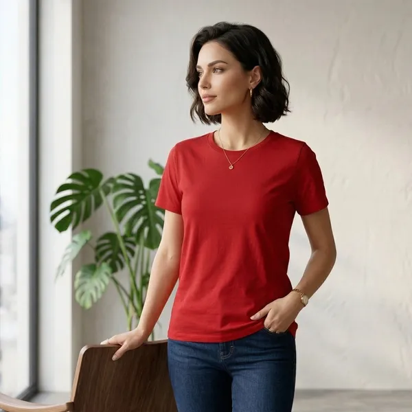 Shorttall_Plain_Round_Neck_Cotton_Women_S_Tee_Red_Red