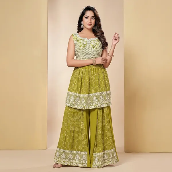Olive_Green_Star_Georgette_Embellished_Sharara_Suit_Set_For_Women