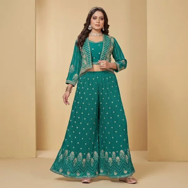 Teal_Green_Star_Georgette_Embroidered_Suit_Set_For_Women