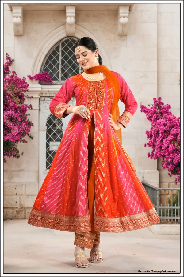 Pink_And_Orange_Star_Georgette_Bandhani_Anarkali_Suit_Set_For_Women