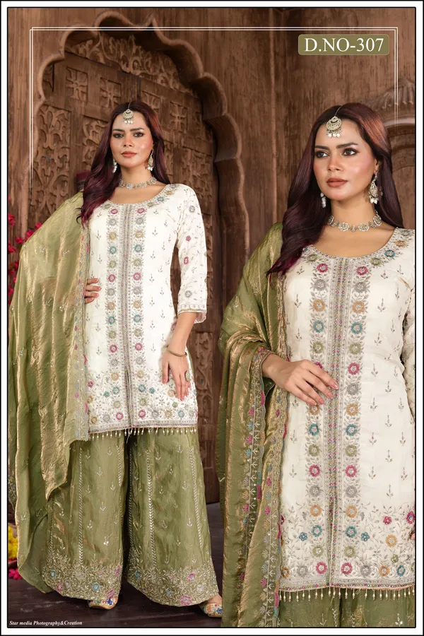 Off_White_And_Olive_Green_Star_Georgette_Embroidered_Sharara_Suit_For_Women