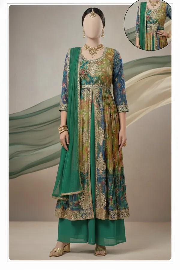 Green_And_Gold_Star_Georgette_Embroidered_And_Floral_Motifs_Anarkali_Suit_with_plazo_Set_For_Women