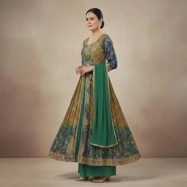 Green_And_Gold_Star_Georgette_Embroidered_And_Floral_Motifs_Anarkali_Suit_with_plazo_Set_For_Women
