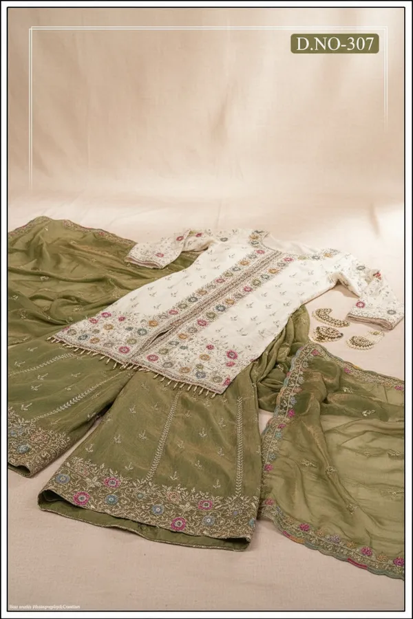 Off_White_And_Olive_Green_Star_Georgette_Embroidered_Sharara_Suit_For_Women