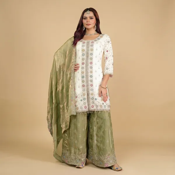 Off_White_And_Olive_Green_Star_Georgette_Embroidered_Sharara_Suit_For_Women