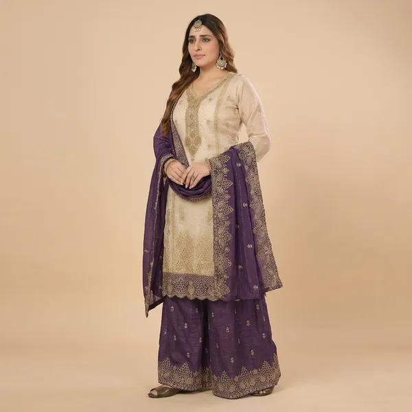 Beige_And_Purple_Star_Georgette_Embroidered_Sharara_Suit_Set_For_Women