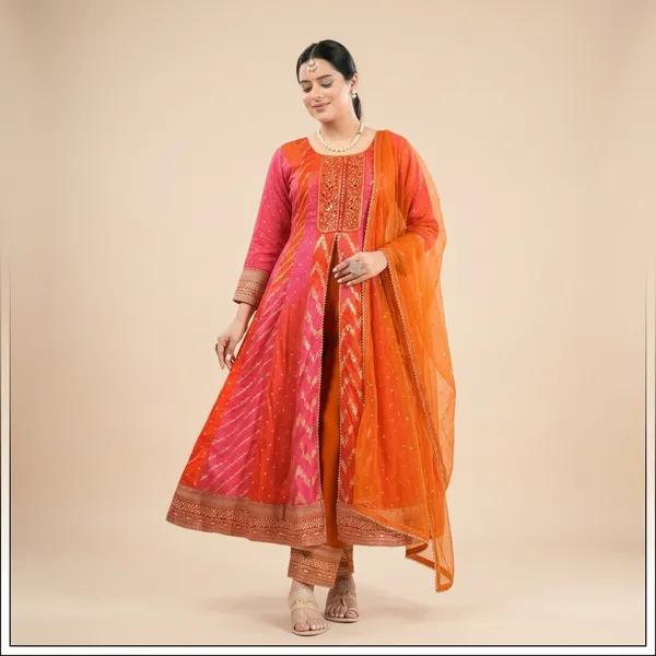 Pink_And_Orange_Star_Georgette_Bandhani_Anarkali_Suit_Set_For_Women