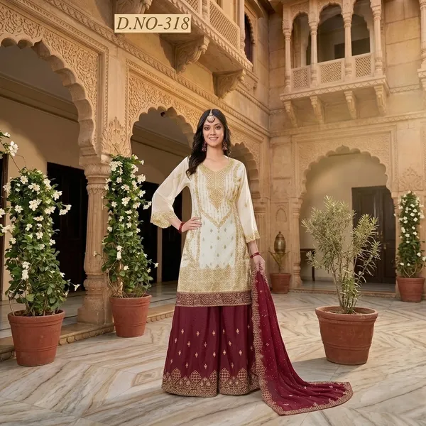 White_and_Maroon_Star_Georgette_Embroidered_Sharara_Suit_Set_For_Women