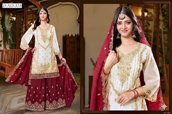 White_and_Maroon_Star_Georgette_Embroidered_Sharara_Suit_Set_For_Women