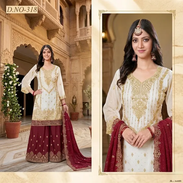 White_and_Maroon_Star_Georgette_Embroidered_Sharara_Suit_Set_For_Women