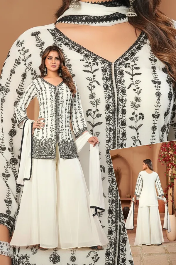 White_And_Black_Star_Georgette_Embroidered_Floral_And_Paisley_Palazzo_Suit_Set_For_Women