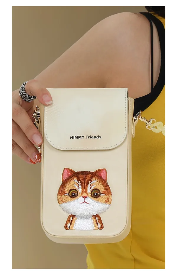 Nimmy_Friends_Beige_Canvas_Cat_Print_Phone_Crossbody_Bag_For_Unisex