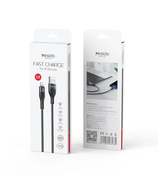 Yesido_CA121L_Usb-A_To_Lightning_Braided_Data_Cable_1M_Dark_Grey