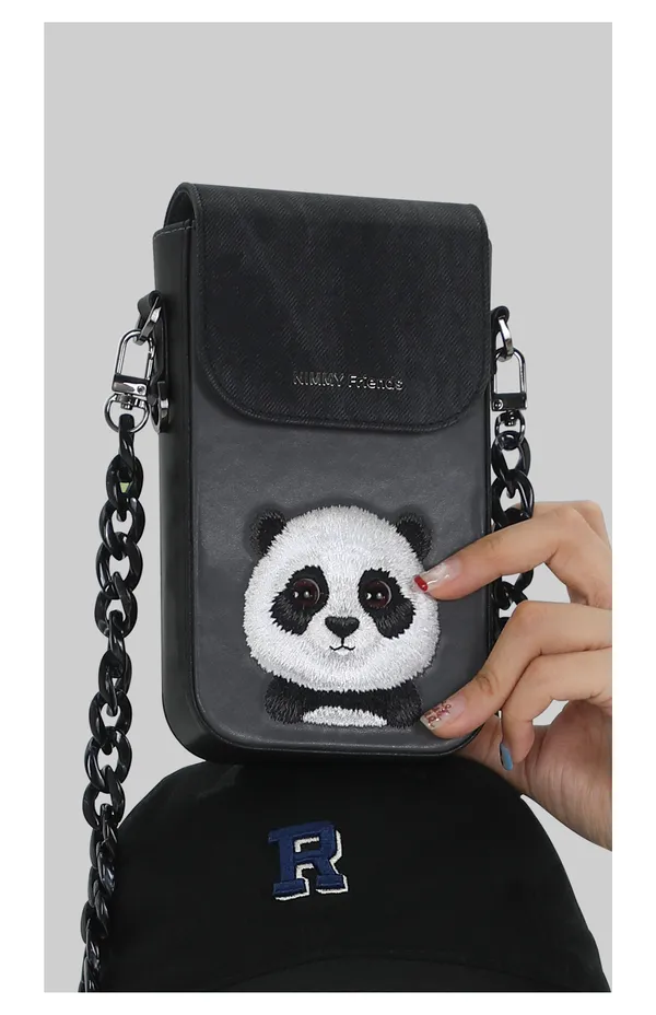 Nimmy_Friends_Black_Polyester_Canvas_Panda_Embroidered_Crossbody_Phone_Pouch_Unisex