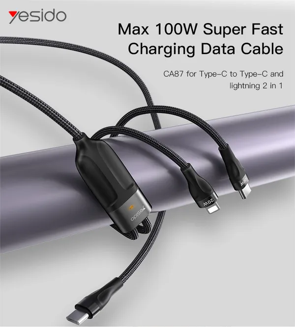 Yesido_CA87__100W_Usb-C_To_Type-C_And_Lightning_2-In-1_Cable
