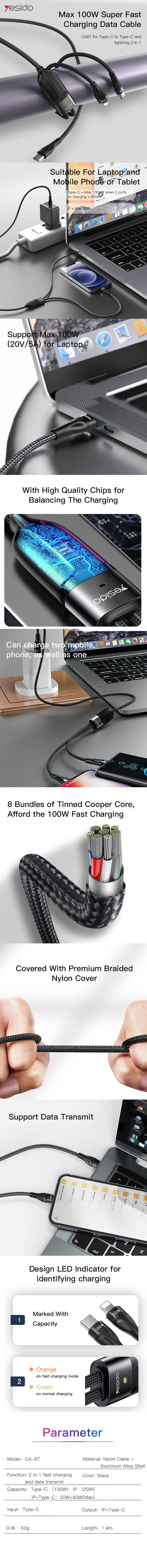 Yesido_CA87__100W_Usb-C_To_Type-C_And_Lightning_2-In-1_Cable