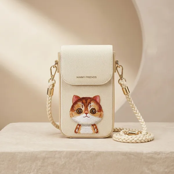Nimmy_Friends_Beige_Canvas_Cat_Print_Phone_Crossbody_Bag_For_Unisex