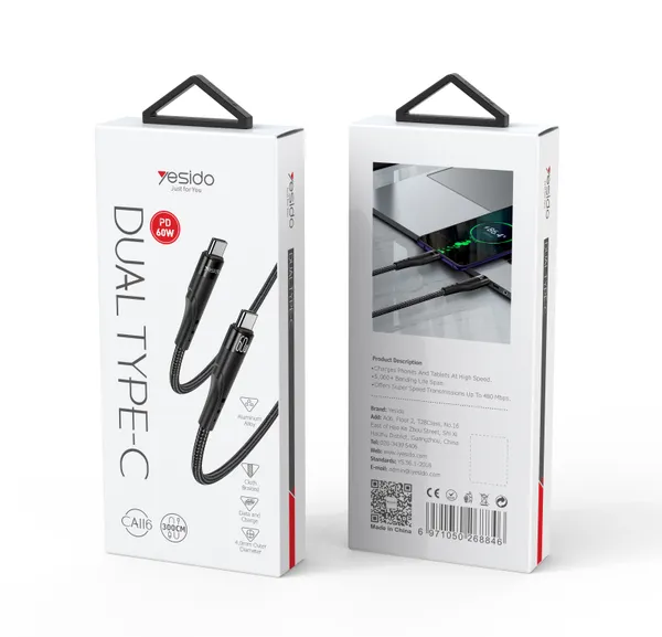 Yesido_CA116_USB_C-C_60W_Nylon_Braided_Fast_Charging_Cable_3M