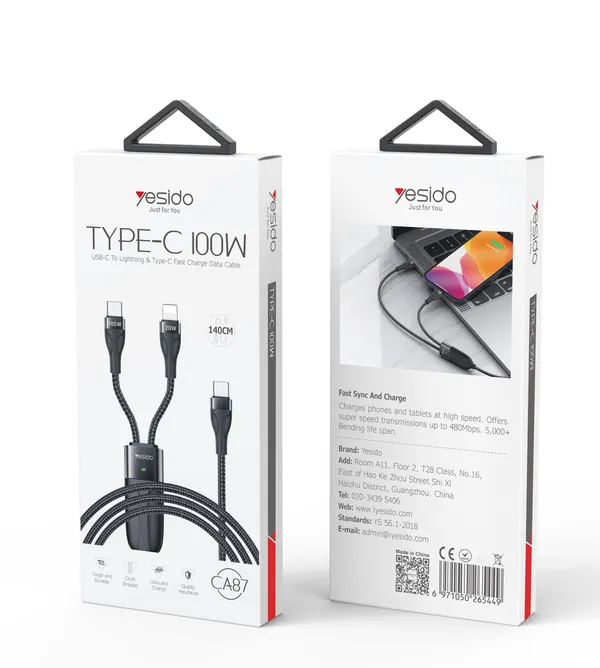 Yesido_CA87__100W_Usb-C_To_Type-C_And_Lightning_2-In-1_Cable