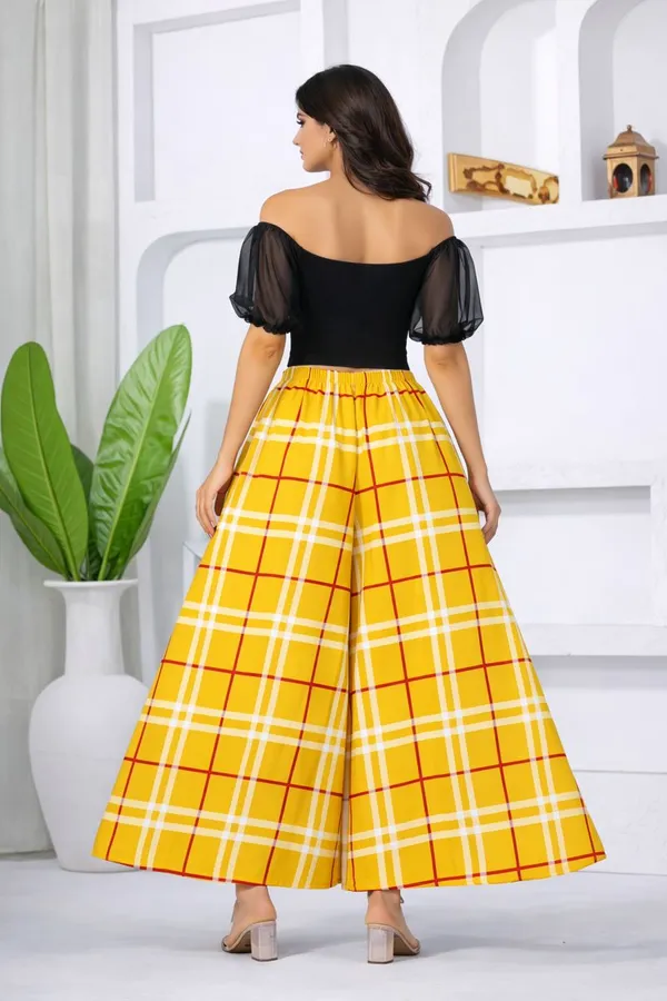 Yellow_Viscose_Lycra_Plaid_Print_Off_Shoulder_Crop_Top_Palazzo_Set_For_Women