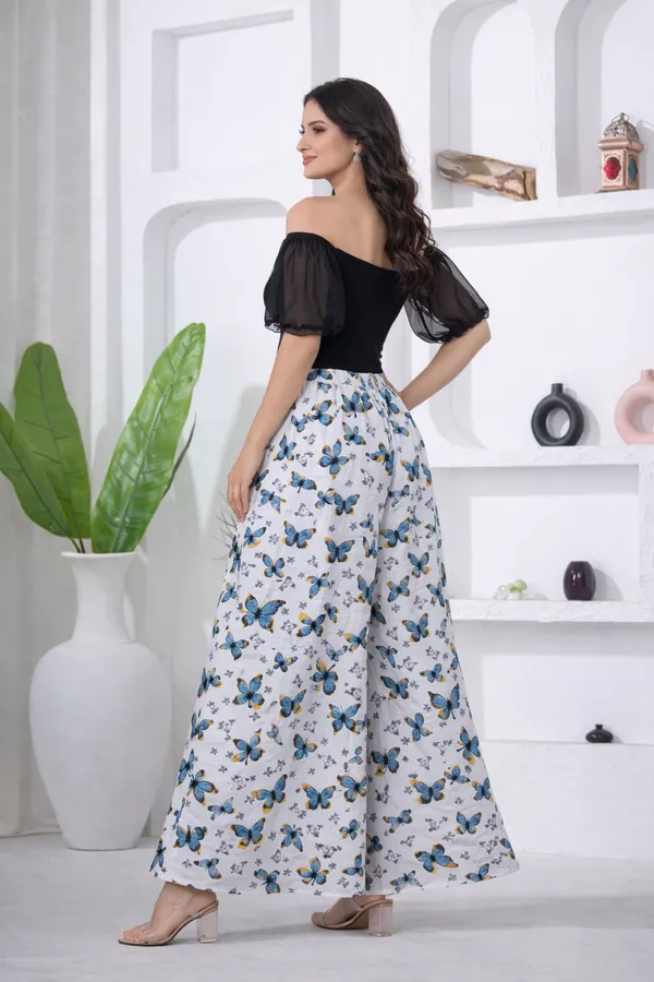 White_Viscose_Lycra_Butterfly_Print_Wide_Leg_Palazzo_Pants_For_Women