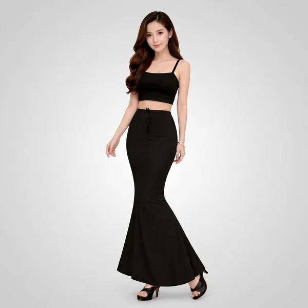 Black_Cotton_Lycra_Strap_Crop_Top_Mermaid_Skirt_Set_For_Women