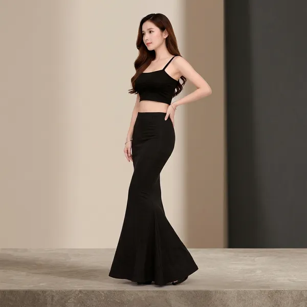 Black_Cotton_Lycra_Strap_Crop_Top_Mermaid_Skirt_Set_For_Women