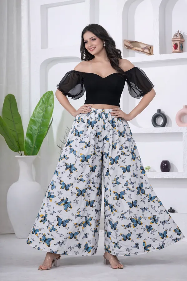White_Viscose_Lycra_Butterfly_Print_Wide_Leg_Palazzo_Pants_For_Women