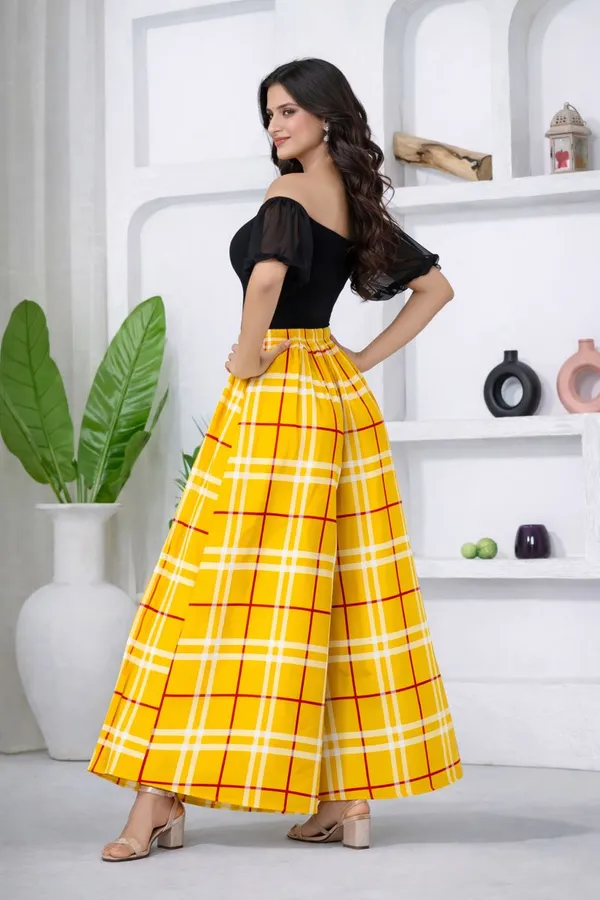 Yellow_Viscose_Lycra_Plaid_Print_Off_Shoulder_Crop_Top_Palazzo_Set_For_Women