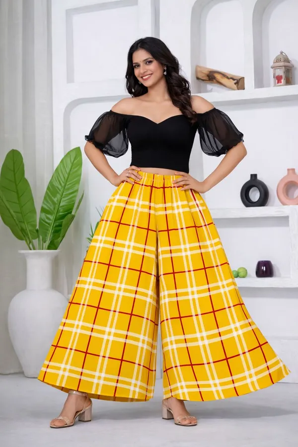 Yellow_Viscose_Lycra_Plaid_Print_Off_Shoulder_Crop_Top_Palazzo_Set_For_Women