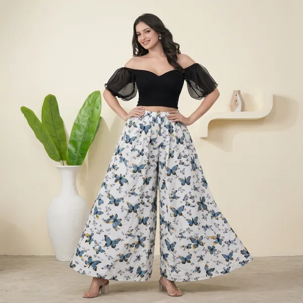 White_Viscose_Lycra_Butterfly_Print_Wide_Leg_Palazzo_Pants_For_Women