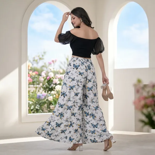 White_Viscose_Lycra_Butterfly_Print_Wide_Leg_Palazzo_Pants_For_Women