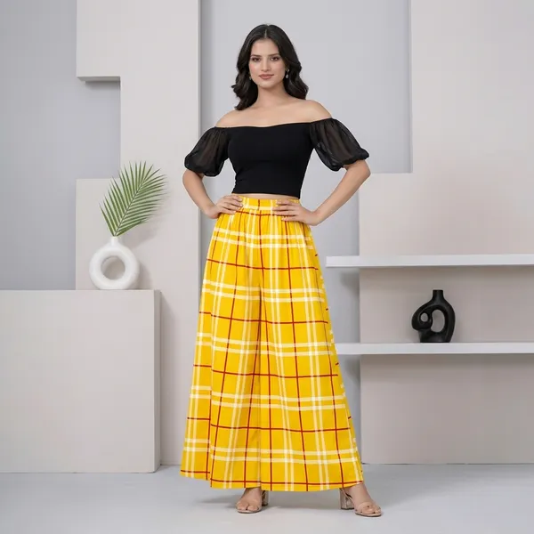 Yellow_Viscose_Lycra_Plaid_Print_Off_Shoulder_Crop_Top_Palazzo_Set_For_Women
