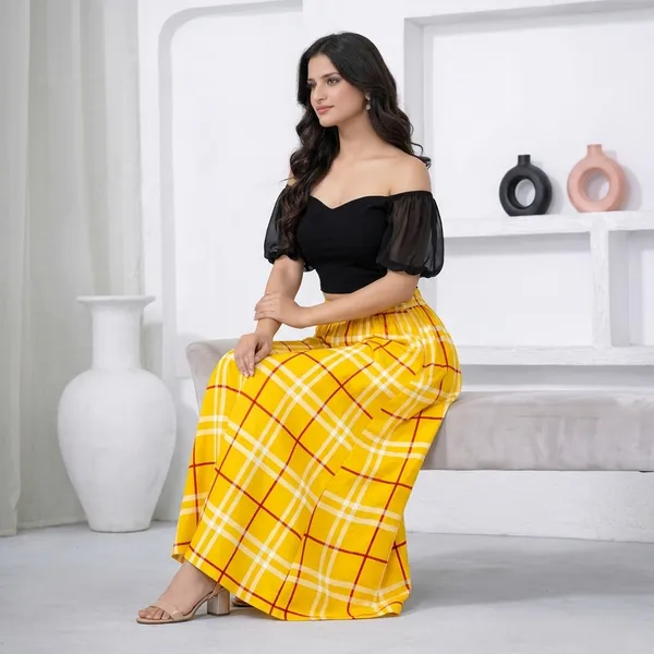Yellow_Viscose_Lycra_Plaid_Print_Off_Shoulder_Crop_Top_Palazzo_Set_For_Women