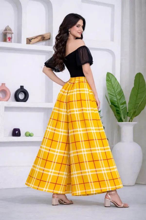 Yellow_Viscose_Lycra_Plaid_Print_Off_Shoulder_Crop_Top_Palazzo_Set_For_Women