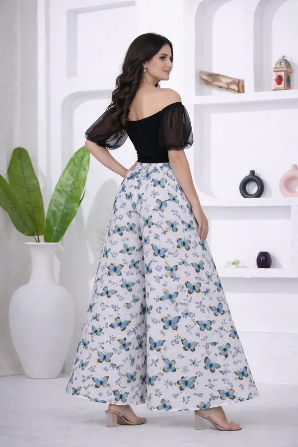 White_Viscose_Lycra_Butterfly_Print_Wide_Leg_Palazzo_Pants_For_Women