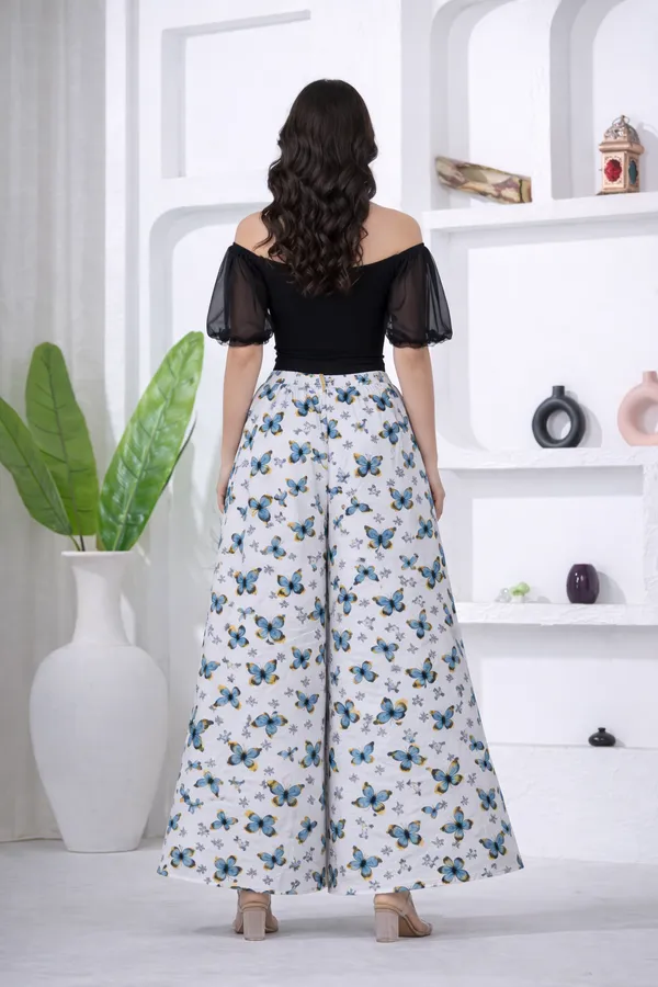 White_Viscose_Lycra_Butterfly_Print_Wide_Leg_Palazzo_Pants_For_Women