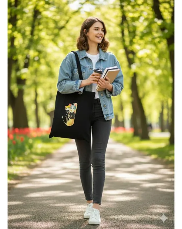 Black_Canvas_Printed_Tote_Bag_With_Baby_Cats_Print_For_Women