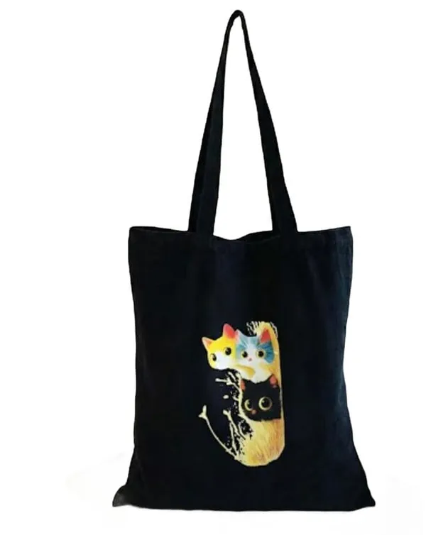 Black_Canvas_Printed_Tote_Bag_With_Baby_Cats_Print_For_Women