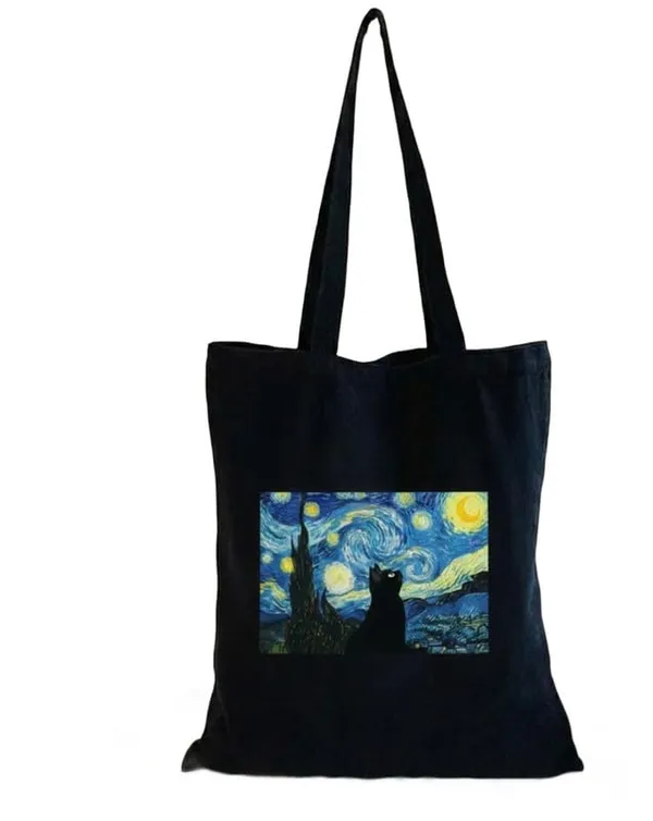 Black_Canvas_Shoulder_Tote_Bag_Night_Sky_Cat_Print_For_Women
