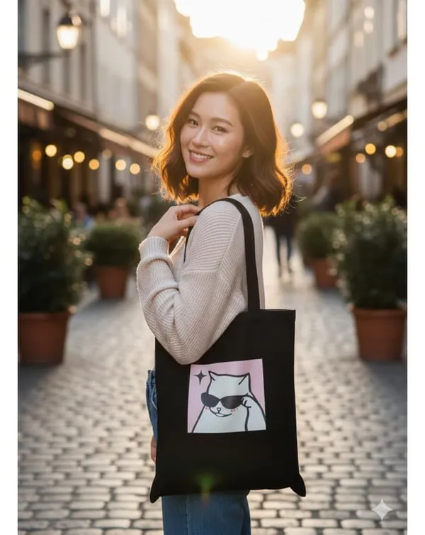 Black_Canvas_Baddy_Cat_Print_Tote_Bag_For_Women
