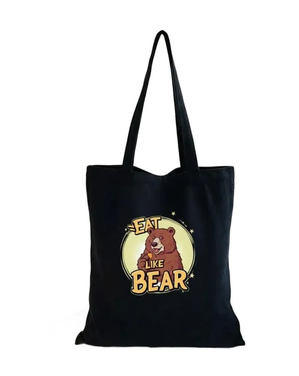 Black_Canvas_Eat_Like_Bear_Print_Tote_Bag_For_Women