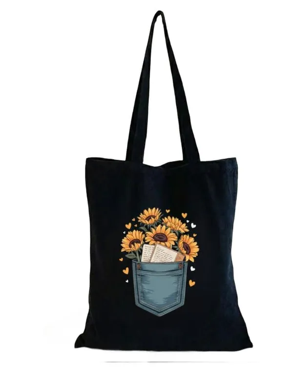 Black_Canvas_Sunflower_Floral_Print_Tote_Bag_For_Women