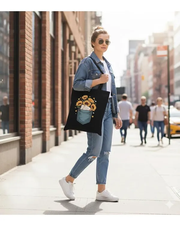 Black_Canvas_Sunflower_Floral_Print_Tote_Bag_For_Women