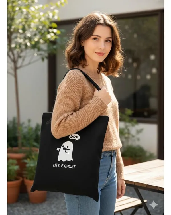 Black_Canvas_Boo_Little_Ghost_Print_Tote_Bag_For_Women