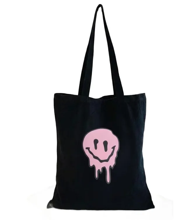 Black_Canvas_Printed_Tote_Bag_Pink_Smiley_Face_For_Women