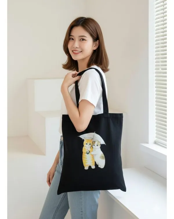 Black_Canvas_Shoulder_Tote_Bag_Couple_Cat_Print_For_Women