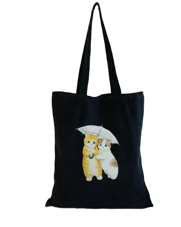 Black_Canvas_Shoulder_Tote_Bag_Couple_Cat_Print_For_Women