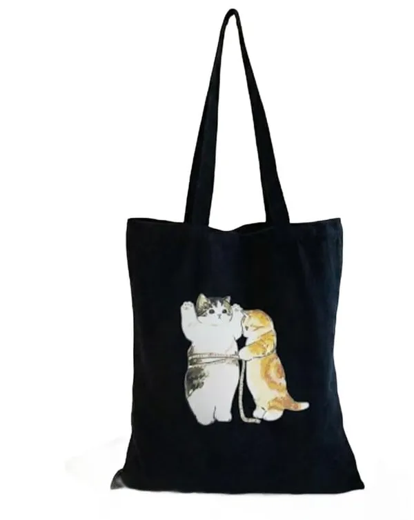 Black_Canvas_Cats_Measuring_Print_Tote_Bag_For_Women